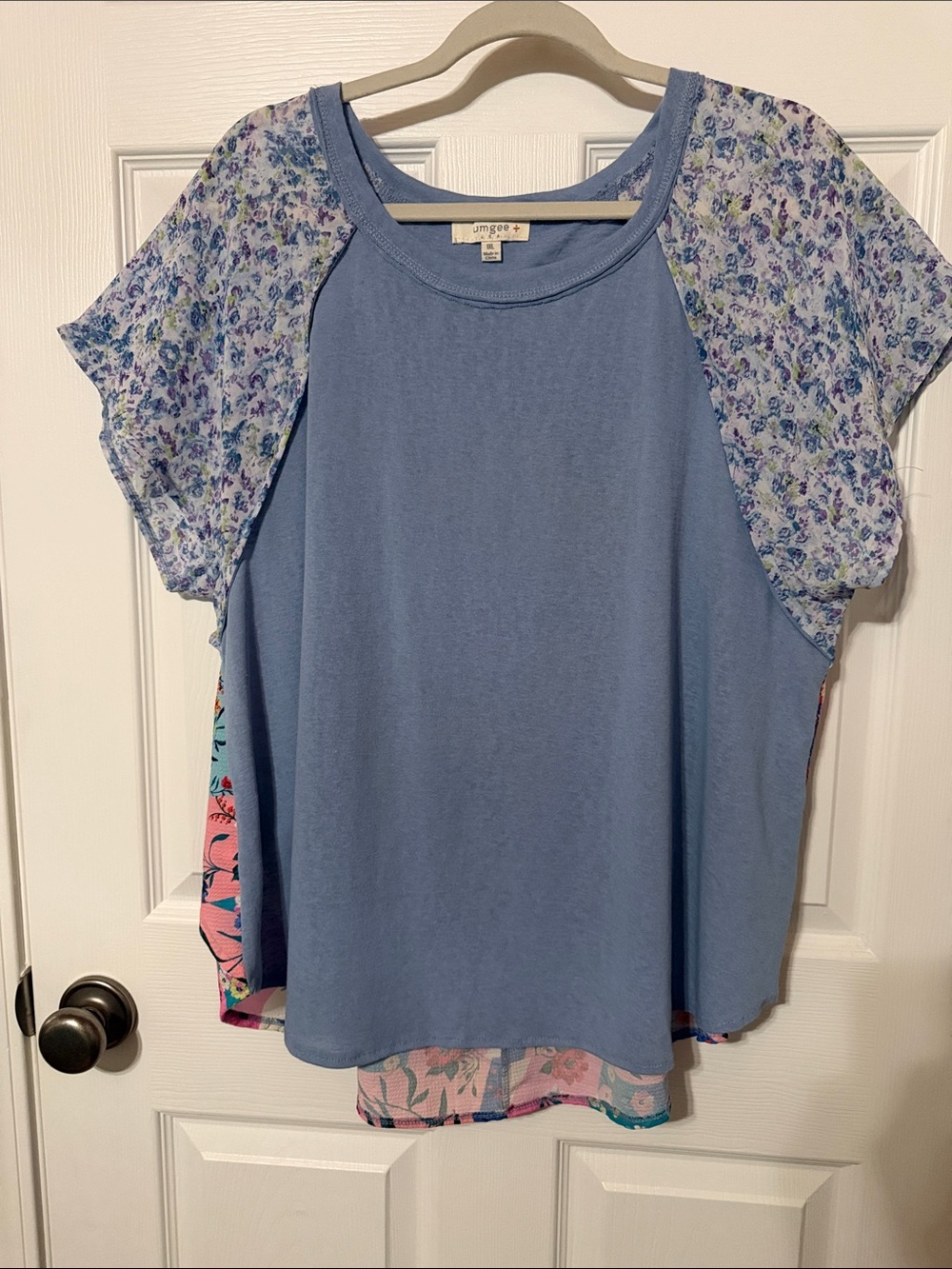 Umgee Blue Top with Floral Sleeves